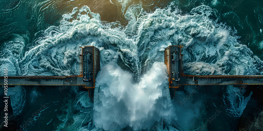 Fototapeta premium Powerful Water Flow from Dam, Water Release at Hydroelectric Dam