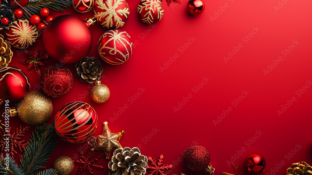A red poster with a christmas ornaments and a red background A red poster with a christmas ornaments and a red background