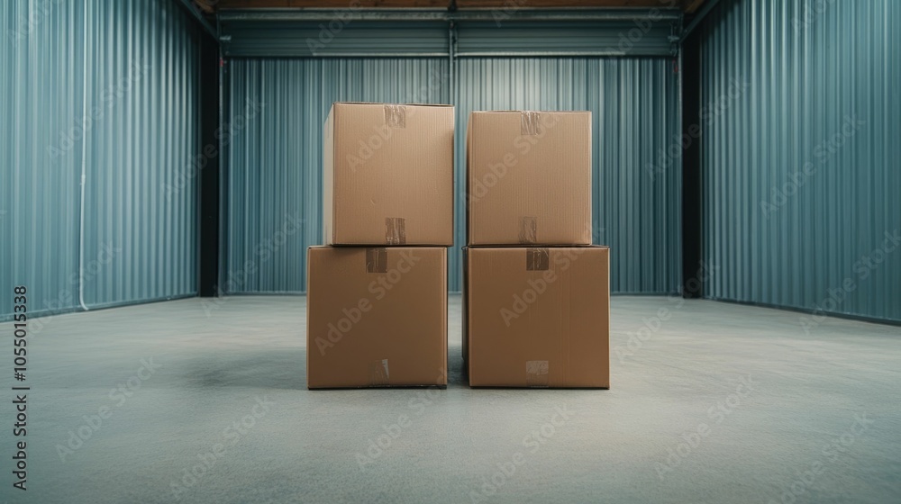 Cardboard boxes stacked neatly in a minimalist organized garage interior with copy space The scene depicts a workspace or storage area with tools equipment Cardboard boxes stacked neatly in a minimalist organized garage interior with copy space The scene depicts a workspace or storage area with tools equipment