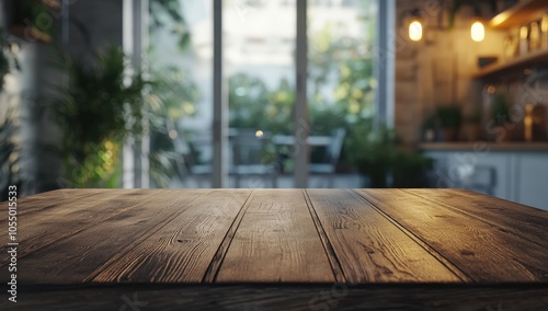 Wooden board empty table in front of blurred background.