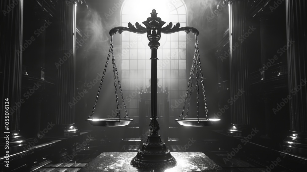 Naklejka premium Scales of Justice in Dramatic Courtroom Setting