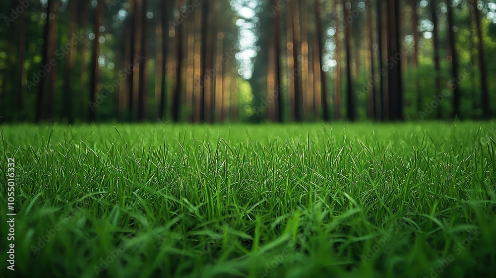 Lush green grass leading into a serene forest of tall trees during late afternoon sunlight in a tranquil natural setting Lush green grass leading into a serene forest of tall trees during late afternoon sunlight in a tranquil natural setting