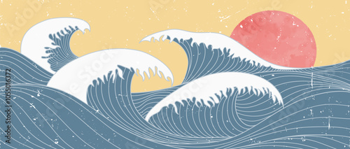 Japanese Ocean wave illustration. Creative minimalist modern line art print. Abstract contemporary aesthetic backgrounds landscapes. with Ocean wave and sunset