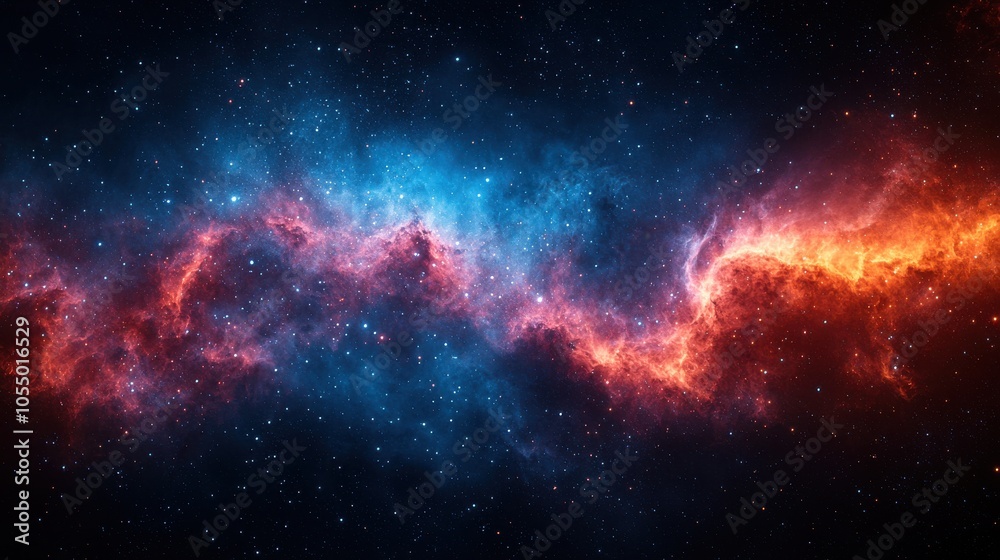 A vibrant cosmic nebula filled with swirling blue and orange gases against a backdrop of countless stars in deep space A vibrant cosmic nebula filled with swirling blue and orange gases against a backdrop of countless stars in deep space