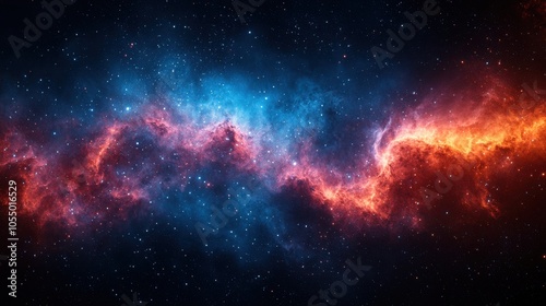 A vibrant cosmic nebula filled with swirling blue and orange gases against a backdrop of countless stars in deep space