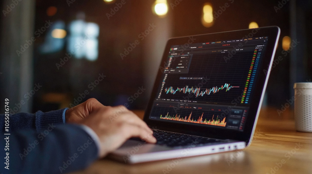 A person is using a laptop to analyze stock market data. The laptop screen is filled with graphs and numbers, indicating that the person is likely a financial analyst or investor A person is using a laptop to analyze stock market data. The laptop screen is filled with graphs and numbers, indicating that the person is likely a financial analyst or investor
