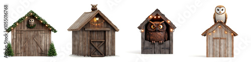 Four unique wooden houses with holiday decorations on a white isolated background.