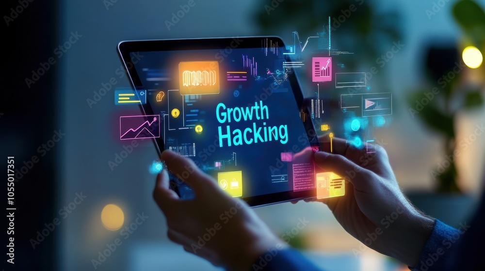 Obraz premium Innovative Hands Holding Tablet with Growth Hacking in Bold with Digital Insights