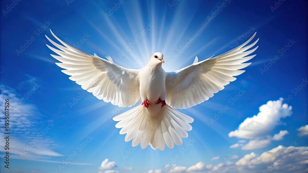 White dove flying with wings spread against clear blue sky macro White dove flying with wings spread against clear blue sky macro