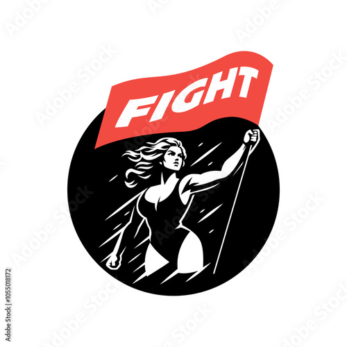 Protest woman. People protest with a flag and a fist