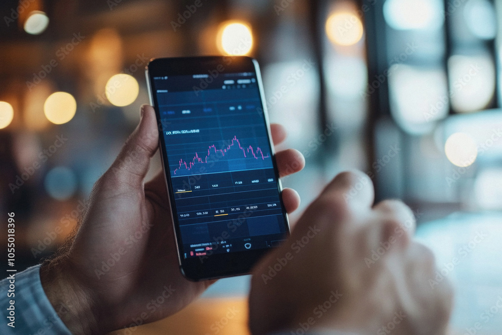 A person is holding a cell phone and looking at a stock market graph. Scene is focused and serious, as the person is intently studying the market trends A person is holding a cell phone and looking at a stock market graph. Scene is focused and serious, as the person is intently studying the market trends