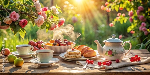 A rustic wooden table set with a teapot, cups, and a variety of fresh fruits, under the warm glow of the afternoon sun, capturing the essence of a leisurely garden gathering.