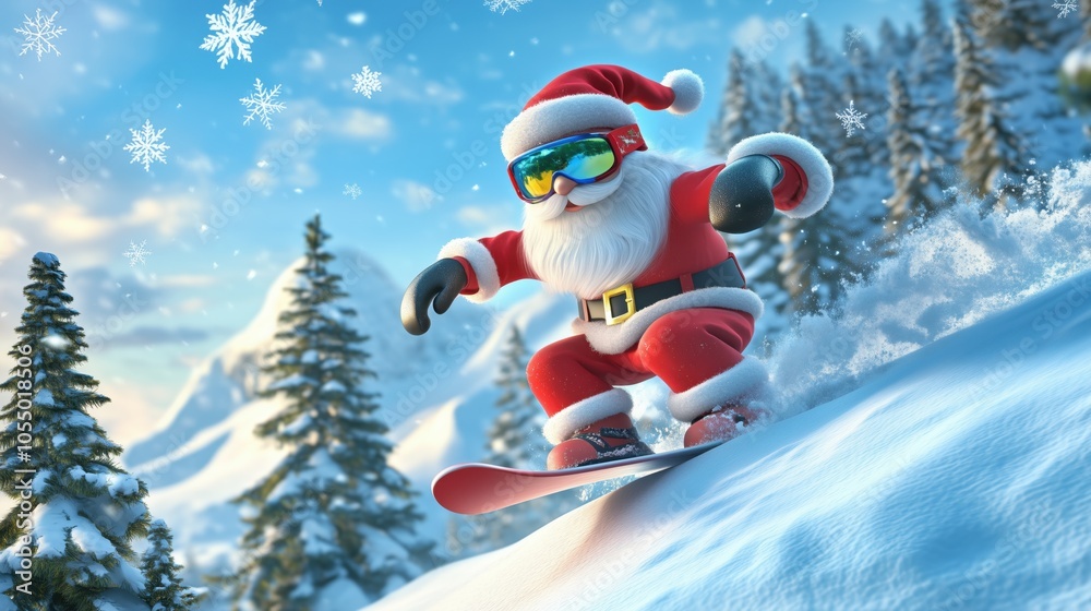 Cartoon Santa Claus wearing a festive beanie and goggles skiing down snowy mountain. Snow-covered pine trees, cheerful snowflakes, bright winter sky, 3D rendering illustration. Holiday snowboarding Cartoon Santa Claus wearing a festive beanie and goggles skiing down snowy mountain. Snow-covered pine trees, cheerful snowflakes, bright winter sky, 3D rendering illustration. Holiday snowboarding