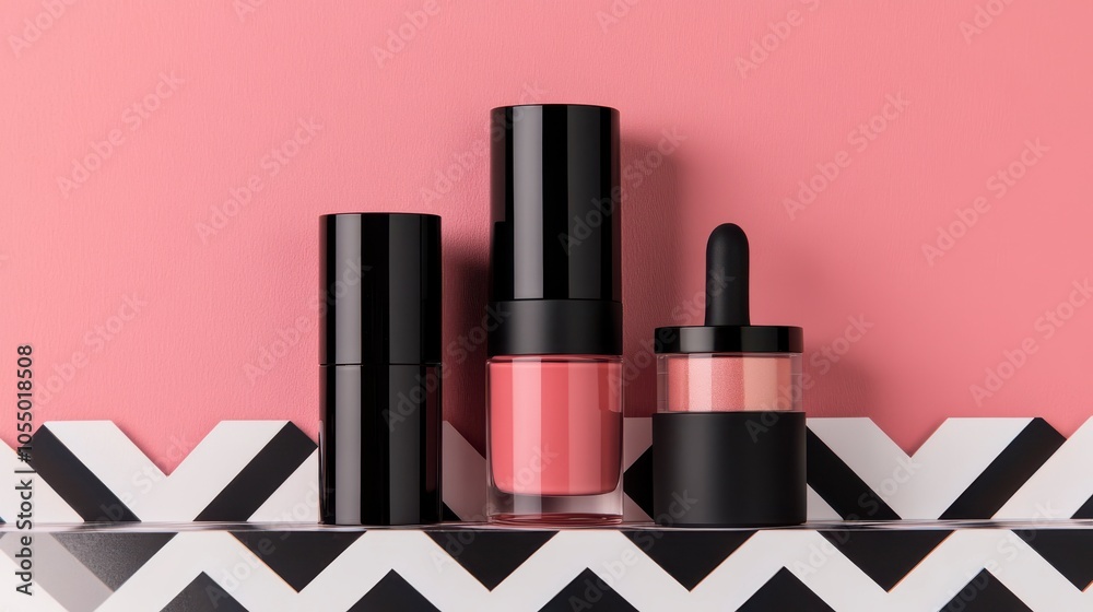 Stylish Arrangement of Cosmetic Products on Pink Background Stylish Arrangement of Cosmetic Products on Pink Background