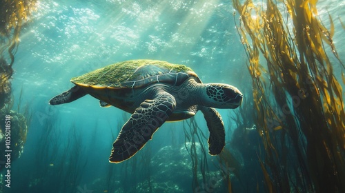 Sea Turtle Swimming Through Kelp Forest