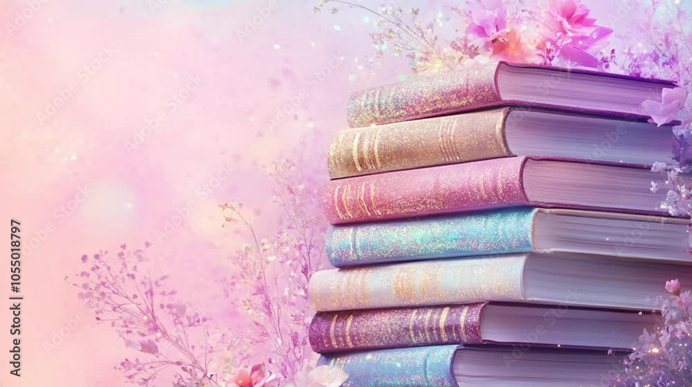 A stack of books with glittering spines and pastel colorful book cover. International book day. copy space. Video footage. A stack of books with glittering spines and pastel colorful book cover. International book day. copy space. Video footage.