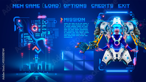 Character Cyborg in an abstract computer video game in menu frame, interface with buttons game menu. Interface computer video game about robotics battle. Screenshot of a video game. Pixels text menu.