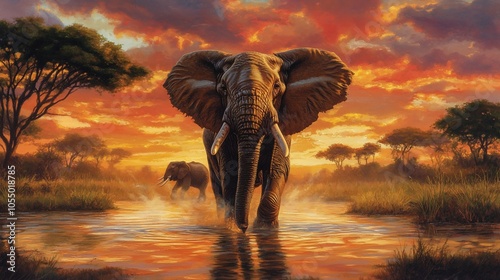 Two elephants wade through a serene waterbody at sunset, surrounded by lush vegetation.