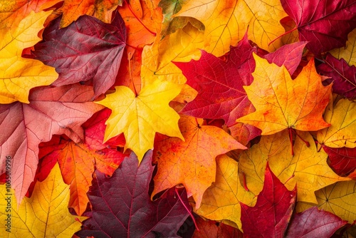 A pile of colorful autumn leaves, ranging from deep reds to bright yellows and oranges, scattered on the ground. The colors contrast with each other in an artistic display.