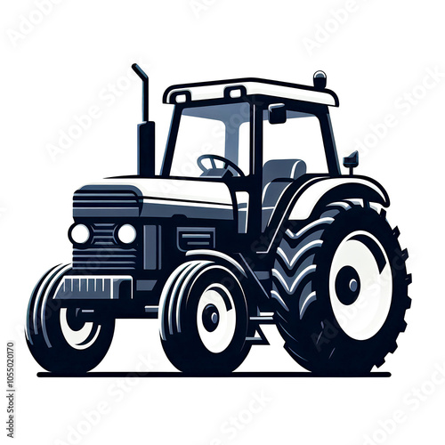 Black and white isolated vector illustration of agricultural tractor on white background.