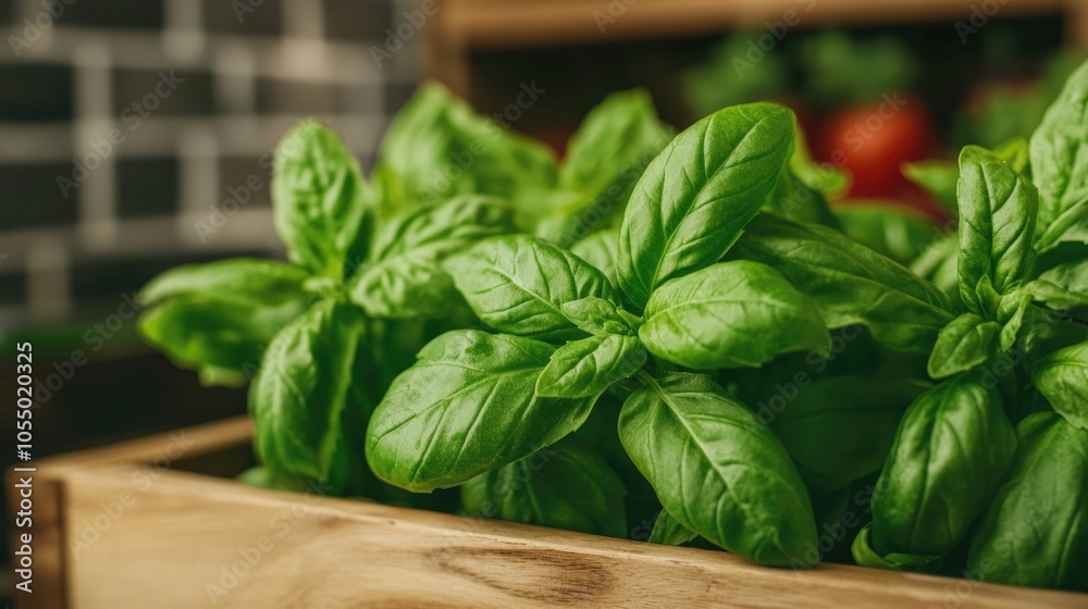 Close up shot of lush vibrant green mint and basil leaves artfully arranged on a wooden cocktail making station showcasing the depth of field and creating a serene Close up shot of lush vibrant green mint and basil leaves artfully arranged on a wooden cocktail making station showcasing the depth of field and creating a serene