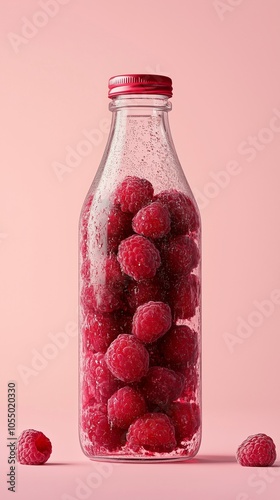 transparent glass bottle filld up with fresh ripe rospberries isolated on pink background photo