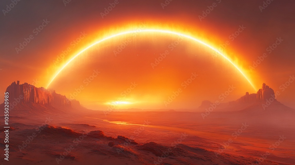 A dramatic sunset over a desert landscape, with a glowing arc illuminating the scene. A dramatic sunset over a desert landscape, with a glowing arc illuminating the scene.