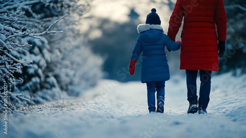 A parent and child walking together in a snowy landscape, enjoying a winter day.
