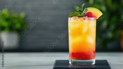 Vibrant and Refreshing Sparkling Mocktail with Colorful Fruit Garnish A Non Alcoholic Beverage Perfect for Summer or Restaurants