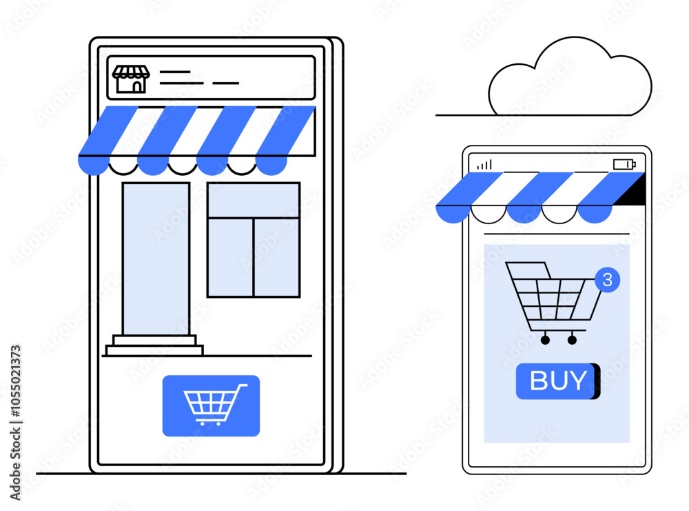 Digital storefront on a smartphone next to a traditional shop illustrates the transition from physical retail to e-commerce. Ideal for online shopping retail transformation digital marketing Digital storefront on a smartphone next to a traditional shop illustrates the transition from physical retail to e-commerce. Ideal for online shopping retail transformation digital marketing