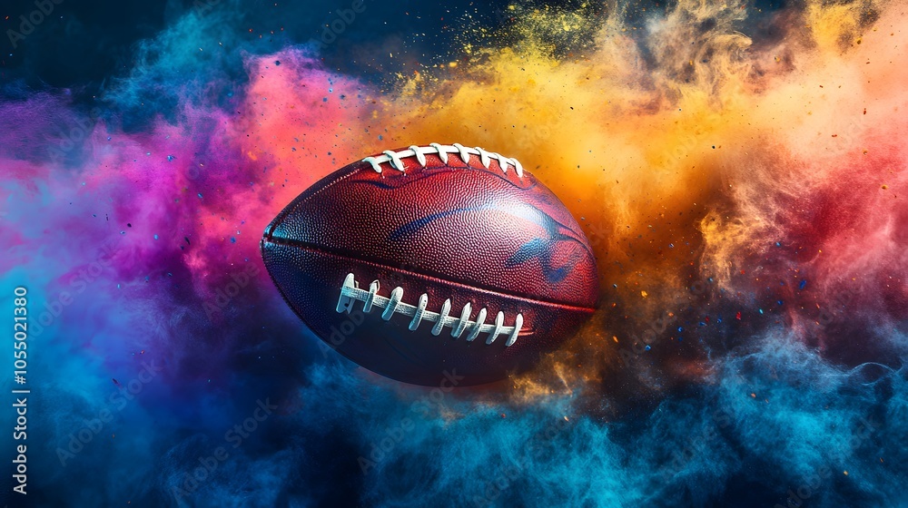 The ball is speeding of american football with colorful dust effect The ball is speeding of american football with colorful dust effect