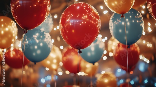 Red and blue balloons with glittering lights in festive atmosphe photo