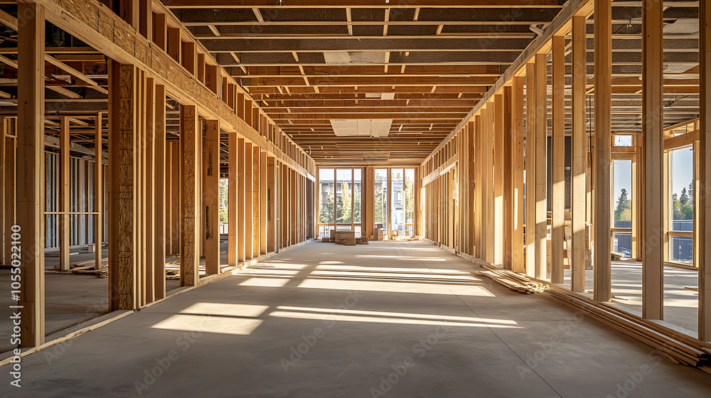 Interior view of a framed building structure with natural light streaming in. Interior view of a framed building structure with natural light streaming in.