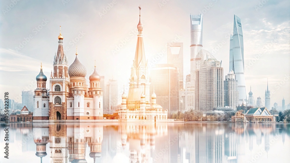 Fototapeta premium Traditional architecture and modern skyscrapers reflected in water against a hazy sunrise.