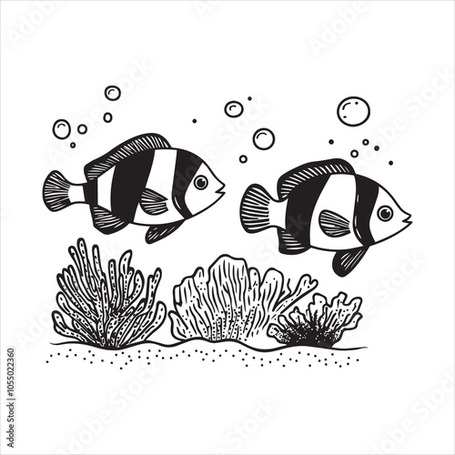 Underwater Scene ClipArt Design - Coral Reef Vector illustration in black and white
