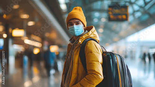 Traveler with mask and suitcase at airport terminal with modern architecture.