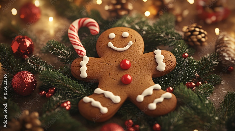 Cheerful Gingerbread Man on Festive Background Cheerful Gingerbread Man on Festive Background