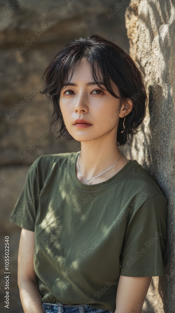 A middle-aged East Asian model poses effortlessly against a stone wall, wearing an olive T-shirt A middle-aged East Asian model poses effortlessly against a stone wall, wearing an olive T-shirt