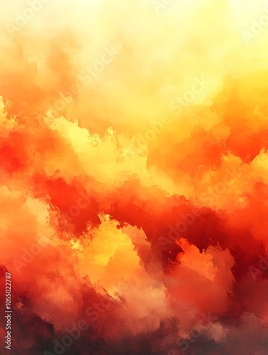 A vibrant abstract painting featuring warm hues of orange and yellow, blending seamlessly to create a dreamy sunset effect with rich, textured brush strokes.