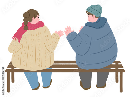 Woman and man wearing winter clothes smiling and talking on a bench, cute hand drawn illustration / 冬服を着てベンチで笑顔で話す女性と男性、かわいい手描きのイラスト