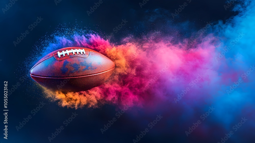 The ball is speeding of american football with colorful dust effect The ball is speeding of american football with colorful dust effect