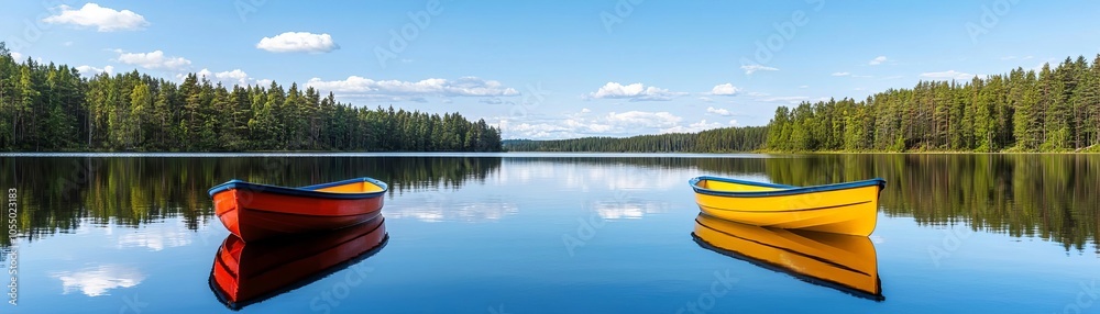 Two vibrant canoes, one red and one yellow, anchored on a serene lake surrounded by lush green forests under a clear blue sky. Two vibrant canoes, one red and one yellow, anchored on a serene lake surrounded by lush green forests under a clear blue sky.