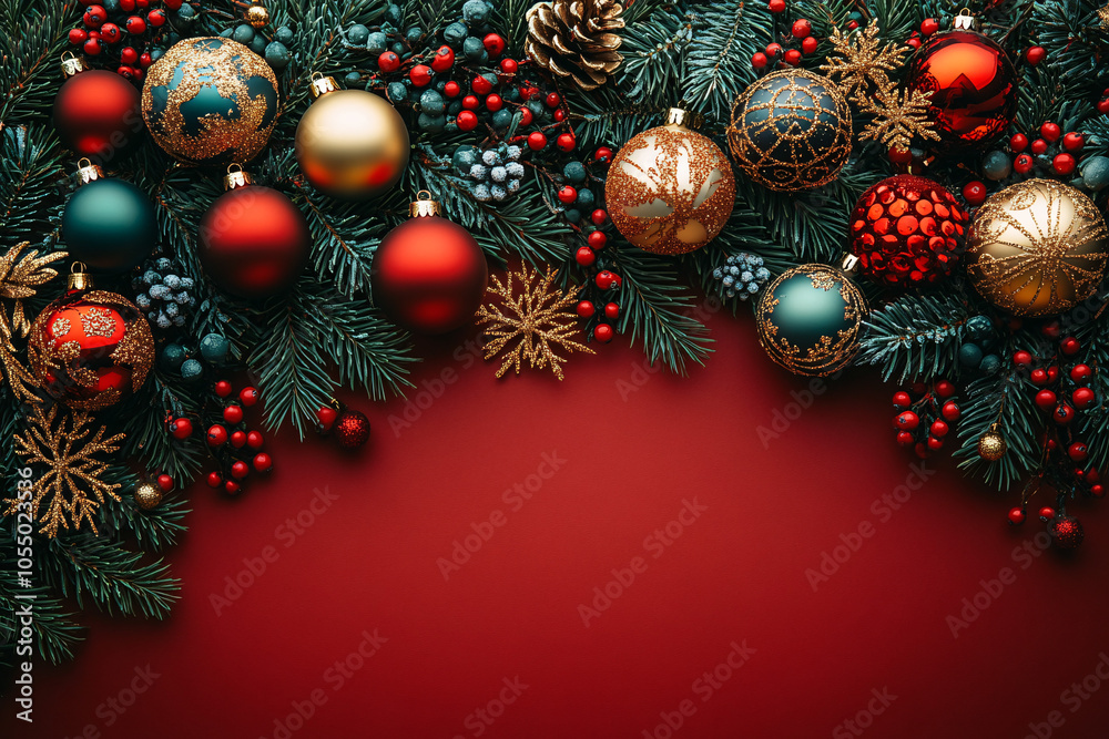 A vibrant Christmas ornament display featuring lush pine branches and colorful baubles, perfect for holiday cards, invitations, or festive promotions. A vibrant Christmas ornament display featuring lush pine branches and colorful baubles, perfect for holiday cards, invitations, or festive promotions.