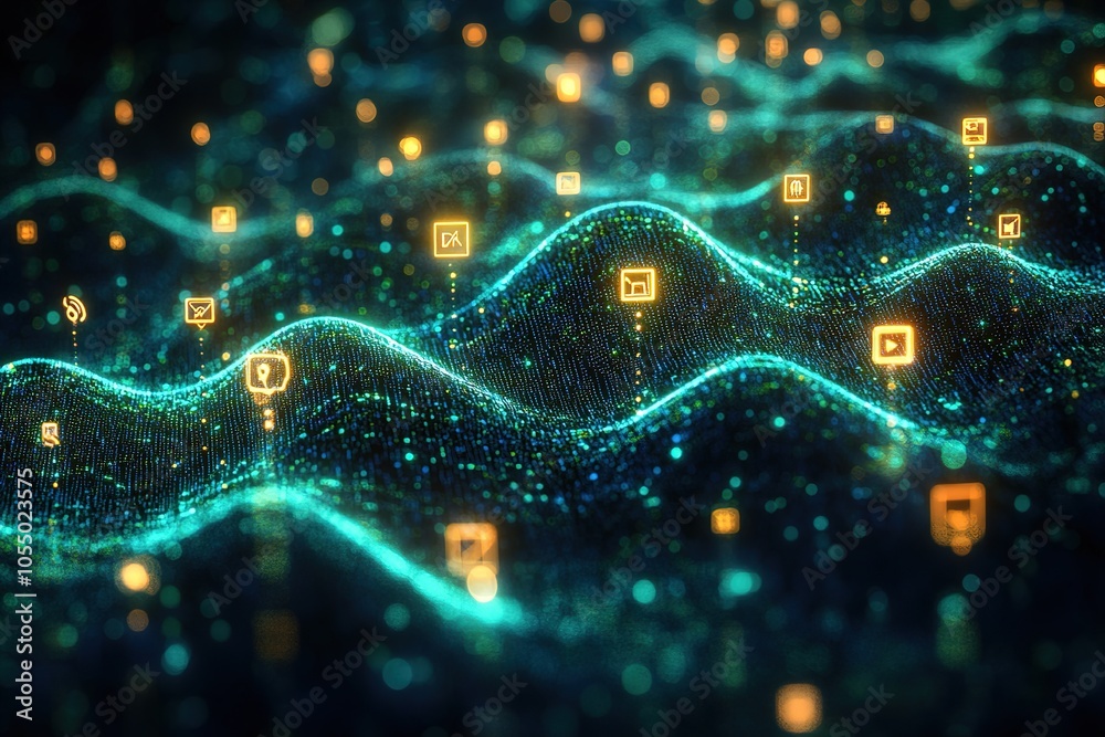 Abstract digital wave with glowing icons. Abstract digital wave with glowing icons.