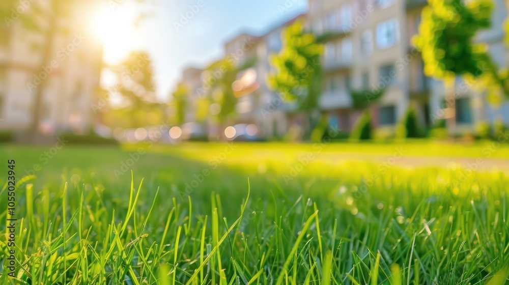 Close Up of Lush Green Grass in Sunny Cityscape Close Up of Lush Green Grass in Sunny Cityscape