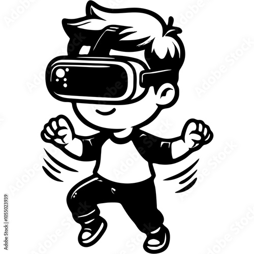 Boy dancing in virtual reality glasses in monochrome. Simple minimalistic vector in black ink drawing on transparent background