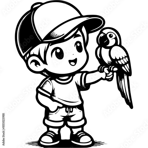 Boy owner of parrot holds pet sitting on finger of outstretched hand in monochrome. Simple minimalistic vector in black ink drawing on transparent background