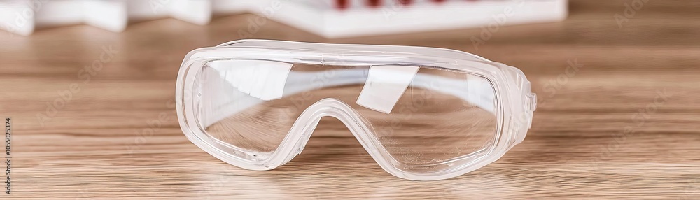 Protective safety goggles on a wooden surface ready for use in a laboratory or workshop setting, ensuring safety and eye protection during activities. Protective safety goggles on a wooden surface ready for use in a laboratory or workshop setting, ensuring safety and eye protection during activities.