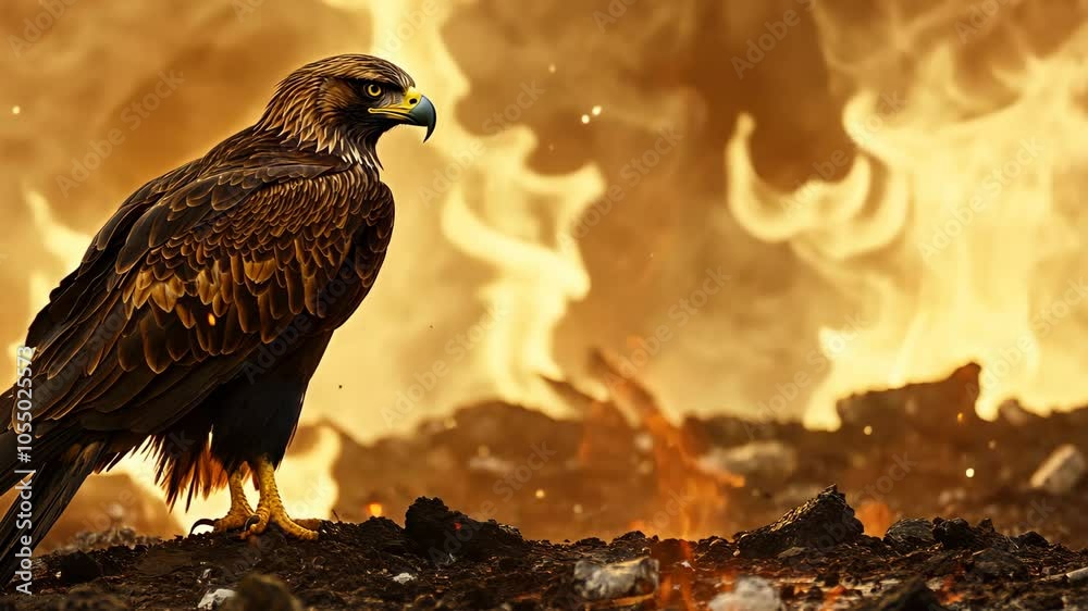 A brown eagle stands on the ground in front of a burning fire
