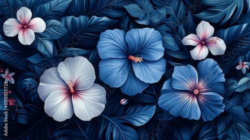 A vibrant arrangement of blue and white hibiscus flowers among lush foliage.